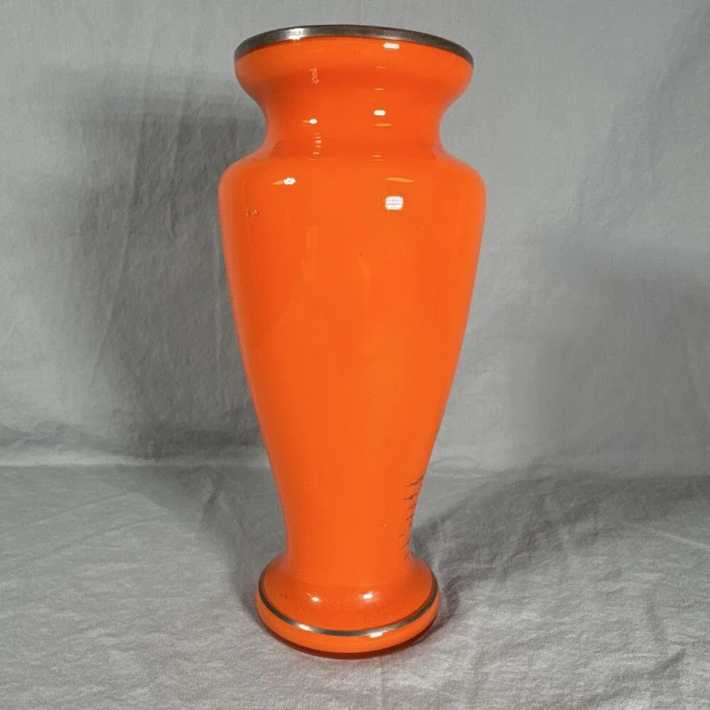 Vintage Art Deco Czech Tango Glass Vase Orange Enamel Silhouette Silver Rim 1920